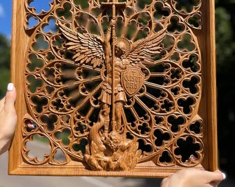 Archangel Michael Wall Art – Wooden Hand Carved Icon, Christian Gift for Men, Spiritual Protection Decor
