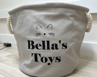 Personalised Embroidered Cat Canvas Toy Basket Bag, Cat Toy Basket, Pet Basket, Cat Storage Basket, Kitten Toy Basket, Cat Gift