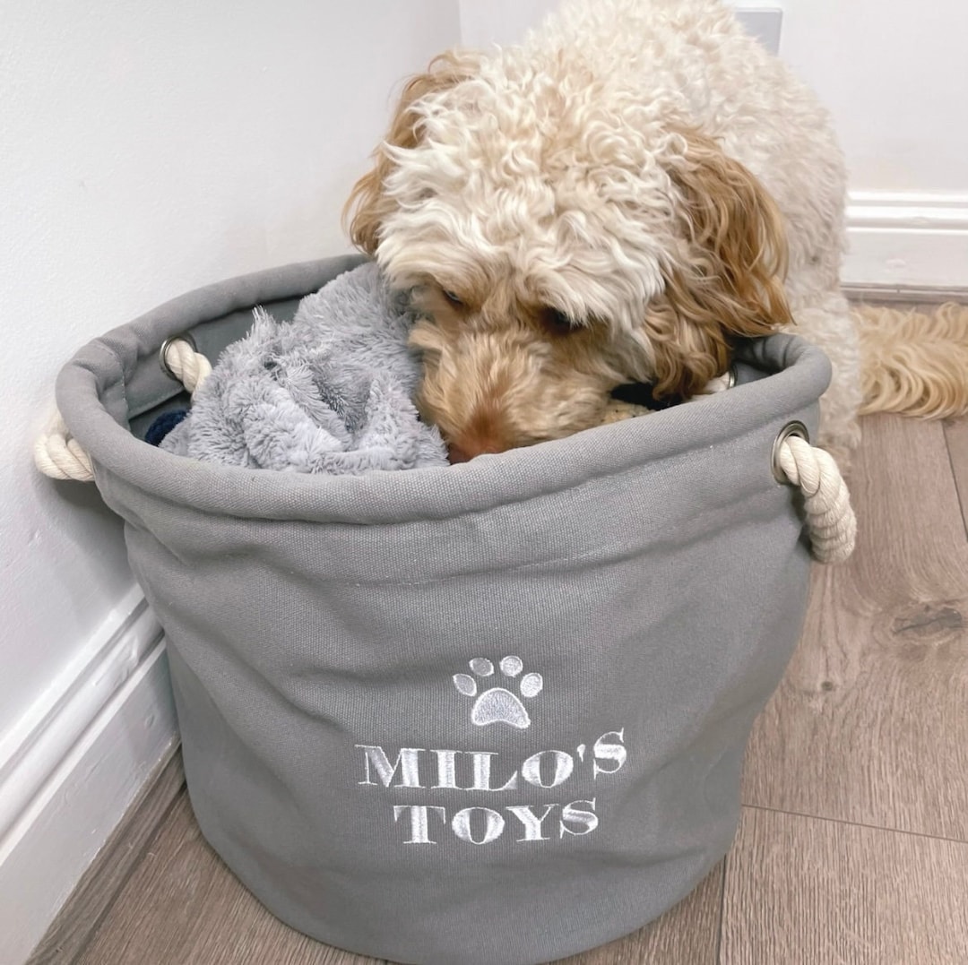 Personalised Embroidered Pet Paw Canvas or Felt Toy Basket Bag, Dog Toy