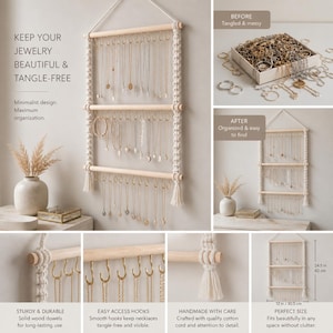 May include: A macrame jewelry organizer with three wooden dowels and multiple hooks for necklaces. The text reads "KEEP YOUR JEWELRY BEAUTIFUL & TANGLE-FREE." The organizer is 24.5 inches tall and 12 inches wide, designed for minimalist design and maximum organization.