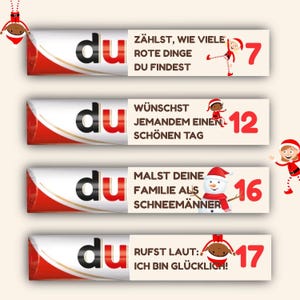 May include: Four candy bar wrappers with the word "du" in black and red. Each wrapper has a different number and a holiday-themed illustration. The wrappers have text in German, with a festive theme.