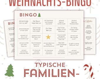 May include: A Christmas-themed bingo game with the title "WEIHNACHTS-BINGO" in red. The bingo card features various family moments in German, such as "The tree tips over" and "Someone spills the drink." A Christmas tree and candy cane are also visible.