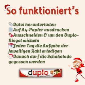 May include: A festive graphic with the text "So funktioniert's" and instructions for a Duplo chocolate bar. The image includes a Duplo bar, a Christmas elf, and steps like "Download file" and "Cut out & wrap around the Duplo bar."
