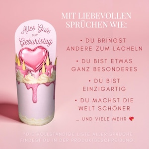 May include: A pink birthday card with a cake design. The card features the text "Alles Gute zum Geburtstag" and a list of loving phrases. The cake has pink frosting and candles, with a heart-shaped balloon on top.