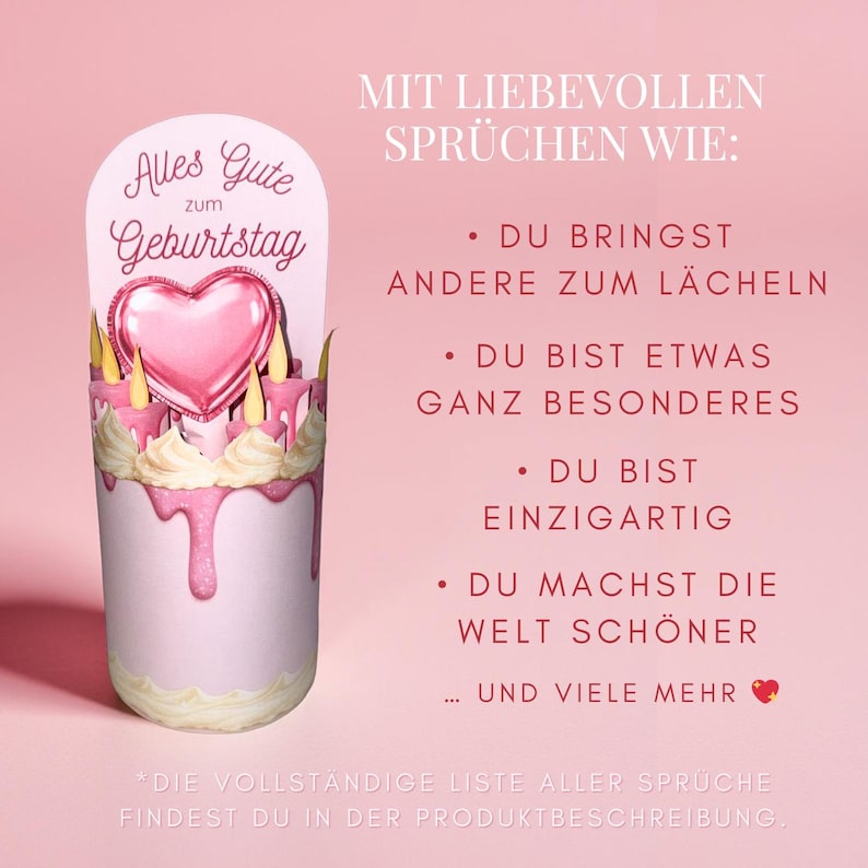 May include: A pink birthday card with a cake design. The card features the text "Alles Gute zum Geburtstag" and a list of loving phrases. The cake has pink frosting and candles, with a heart-shaped balloon on top.