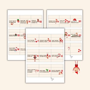 May include: A set of Christmas-themed activity cards with numbered squares and festive illustrations. The cards feature various tasks and prompts, such as drawing, dancing, and giving compliments, perfect for holiday fun.