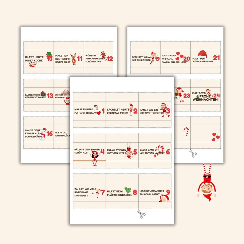 May include: A set of Christmas-themed activity cards with numbered squares and festive illustrations. The cards feature various tasks and prompts, such as drawing, dancing, and giving compliments, perfect for holiday fun.
