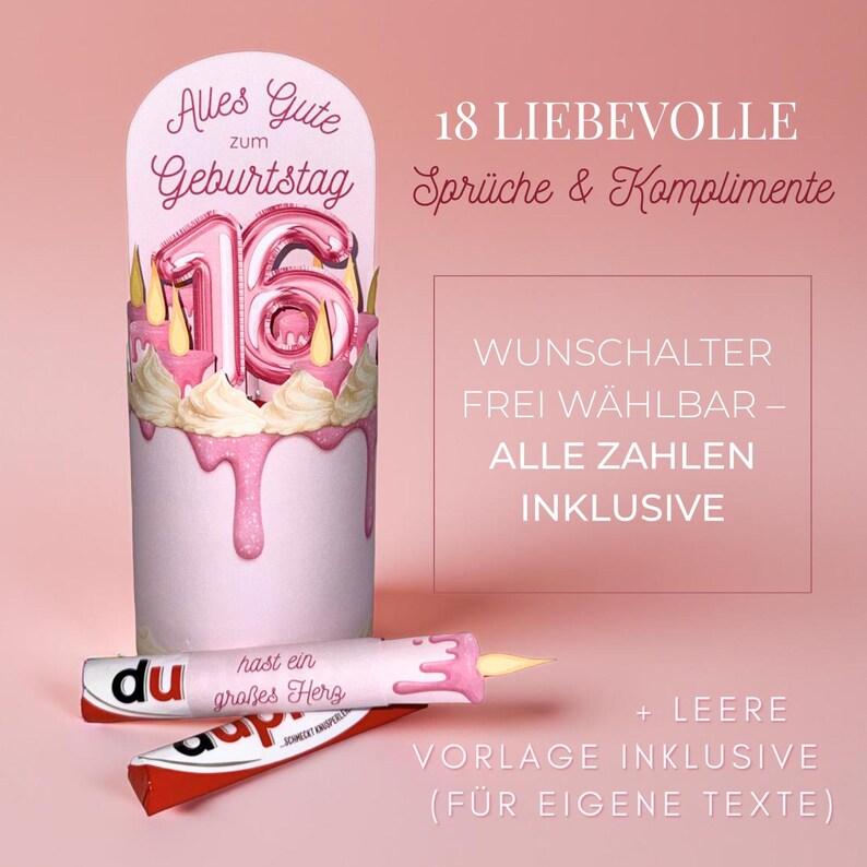 May include: A pink birthday card with the number 16 in the center, designed to look like a cake. The card has the words "Alles Gute zum Geburtstag" and other text in German. Two candy bars are at the bottom.