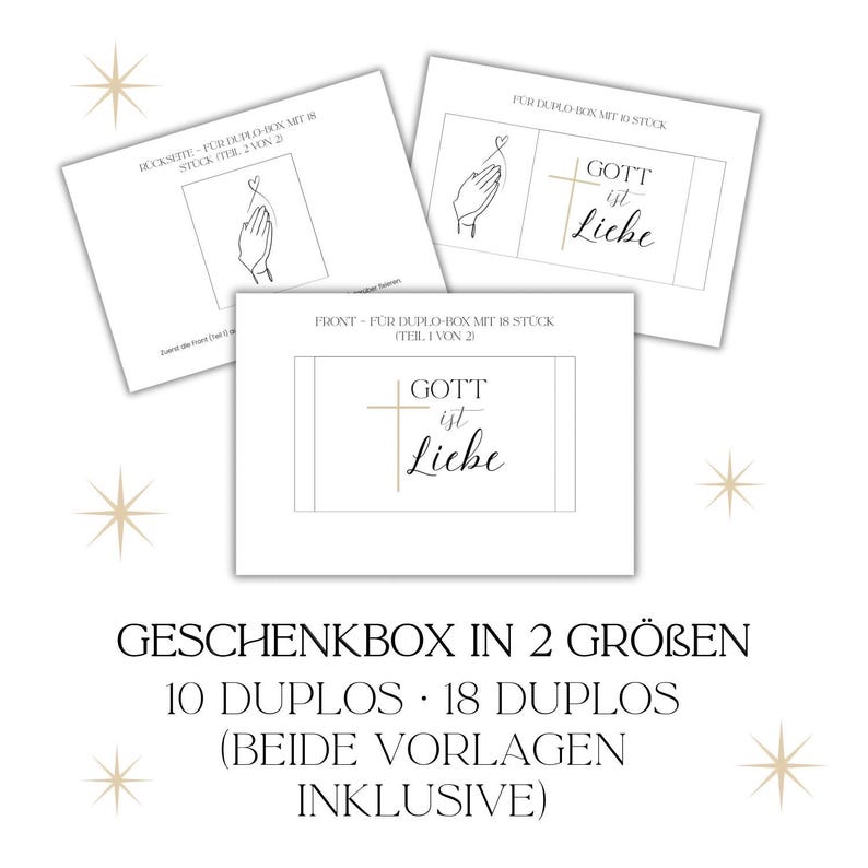 May include: Three white cards with gold and black text and line drawings. The cards read "GOTT ist Liebe" and feature a hand making a heart shape. The text "GESCHENKBOX IN 2 GR&Ouml;BEN" is at the bottom.