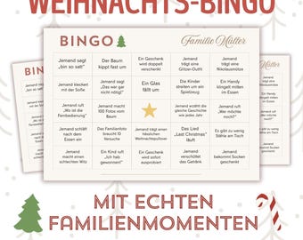 May include: A festive Christmas Bingo game card with the title "WEIHNACHTS-BINGO" in red. The card features various holiday-themed prompts and is personalized with the family name. The design includes Christmas tree and candy cane illustrations.