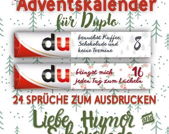 Op de afbeelding: Een adventskalenderontwerp met twee chocoladerepen, elk met het woord "du". De tekst bevat zinnen als "bringst mich jeden Tag zum Lächeln" en "brauchst Kaffee, Schokolade und keine Termine". Het ontwerp is versierd met kerstbomen.