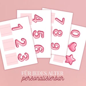 May include: Pink balloon-style numbers 0-9 and a heart and star shape are displayed on white cards. The cards are arranged on a pink background. The text "F&Uuml;R JEDES ALTER personalisierbar" is at the bottom.