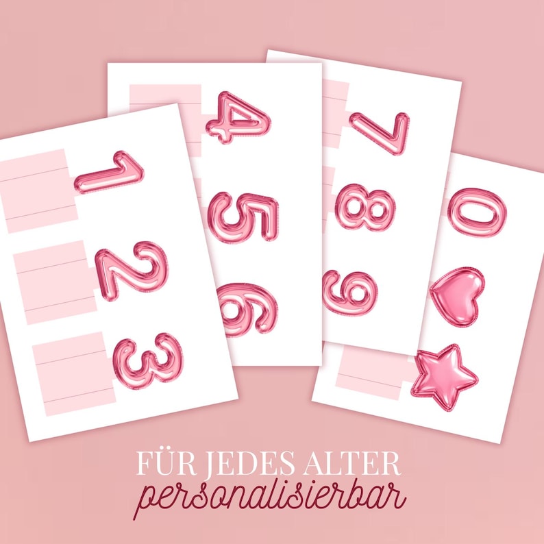 May include: Pink balloon-style numbers 0-9 and a heart and star shape are displayed on white cards. The cards are arranged on a pink background. The text "F&Uuml;R JEDES ALTER personalisierbar" is at the bottom.
