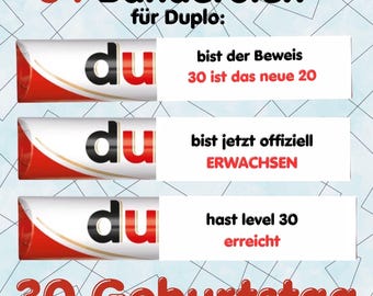 30th Birthday Duplo Wrappers – 54 Funny Sayings – PDF Download – Gift Idea for Colleagues & Friends