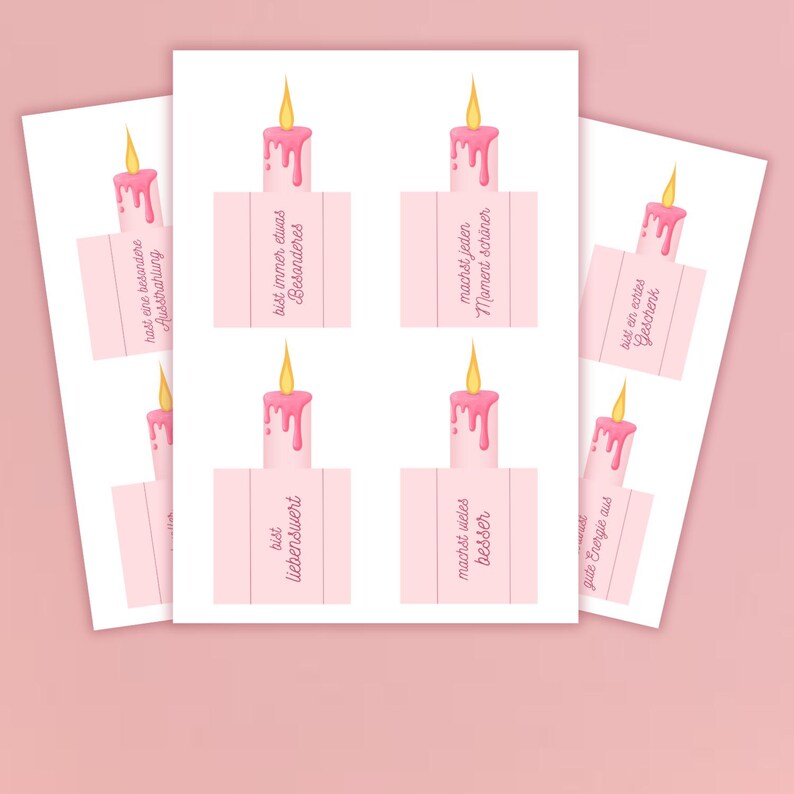 May include: Pink candle-shaped cards with yellow flames and pink wax drips. Each card has a different German phrase, including "You are special" and "You make every moment more beautiful."