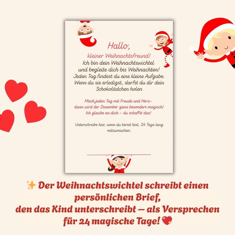 May include: A Christmas-themed card with text in German, featuring illustrations of Santa Claus and elves. The card includes a message about a Christmas elf and a promise for 24 magical days. Red hearts decorate the card.