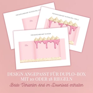 May include: Pink and white cake-themed design templates for Duplo boxes. The designs feature pink frosting with white whipped cream and the text "F&uuml;r". The text "DESIGN ANGEPASST F&Uuml;R DUPLO-BOX MIT 10 ODER 18 RIEGELN" is also visible.