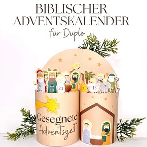 May include: A beige Advent calendar with the text "BIBLISCHER ADVENTSKALENDER" and "Gesegnete Adventszeit". The calendar features illustrations of biblical figures and a star, with numbers for each day. Decorative sprigs of greenery frame the design.
