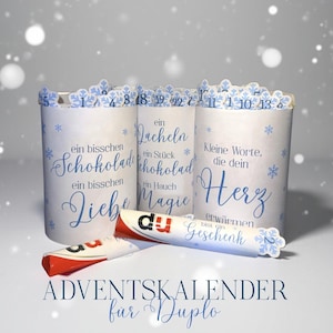 Adventskalender für Duplo – Vorlage zum Ausdrucken – 24 liebevolle Komplimente, süße Worte – Schneeflocken Design – PDF mit & ohne Zahlen