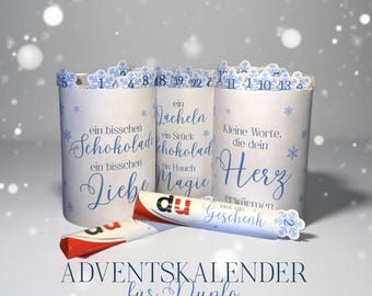 Adventskalender für Duplo – Vorlage zum Ausdrucken – 24 liebevolle Komplimente, süße Worte – Schneeflocken Design – PDF mit & ohne Zahlen