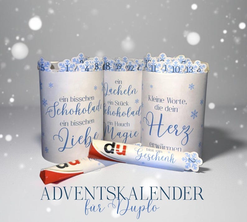 Adventskalender für Duplo – Vorlage zum Ausdrucken – 24 liebevolle Complimente, süße Worte – Schneeflocken Design – PDF mit & ohne Zahlen image 1