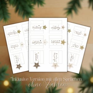 Op de afbeelding: Drie witte papieren vellen met gouden steraccenten en Duitse tekst. Elk vel bevat meerdere rechthoekige labels met zinnen als "Wundervoll" en "Lieblingsmensch". De onderkant van de afbeelding luidt "Inklusive Version mit allen Spr&uuml;chen ohne Zahlen."