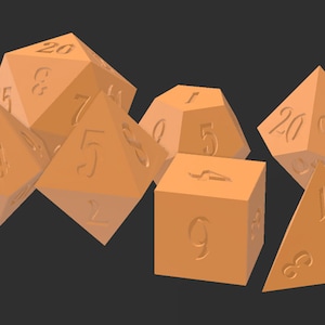 Op de afbeelding: Een set oranje dobbelstenen met verschillende nummers, waaronder een 20-zijdige dobbelsteen, een 12-zijdige dobbelsteen, een 10-zijdige dobbelsteen, een 8-zijdige dobbelsteen, een 6-zijdige dobbelsteen, een 4-zijdige dobbelsteen en een driehoekige dobbelsteen.