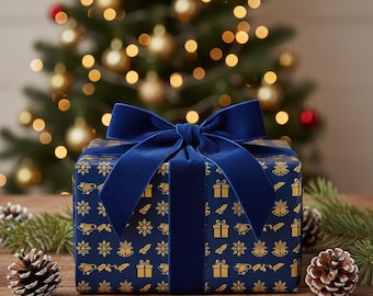 Royal Blue Navy Wrapping Paper, Golden Stylish Details
