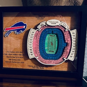 May include: Framed wooden artwork featuring the Buffalo Bills logo and a stadium diagram. The diagram shows the Highmark Stadium layout, with seating sections labeled. Text includes stadium names and years, such as Rich Stadium 1973-1997.