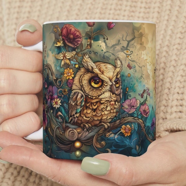 Owl, Butterfly, and Florals Wrapped Beautifully on a Mug! Wonderful Illustration in a Cottage Core look. A Perfect Gift for any Owl Fan!