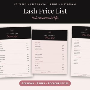 May include: Three editable lash price list templates featuring a black header with white and pink text. The documents include sections for full sets, fills, and lifts, with the title Lash Price List and lash extensions & lifts printed clearly.