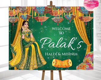 Haldi Mehndi Welcome Sign, Indian Wedding Function Board, Bridal Illustration Poster, Mehndi Decor, Editable Digital Invite, indian wedding