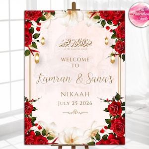 Nikkah Welcome Sign Red and White Roses, Muslim Wedding Entrance Sign, Editable Nikah Engagement Walima Poster, Islamic Wedding Signboard