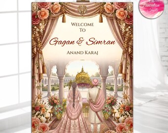 Elegant Sikh Wedding Welcome Sign, Anand Karaj Welcome Board, Indian Wedding Signage,