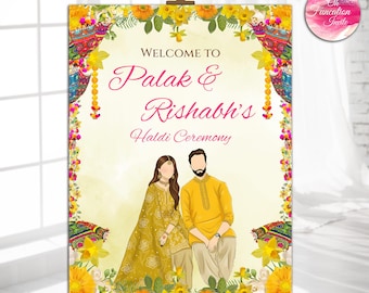 Editable Haldi Ceremony Welcome Board,Indian Wedding Welcome Sign , Bride & Groom Illustration,Printable Haldi Decor,Editable Canva Template