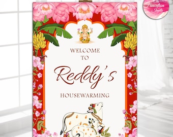 Editable Griha Pravesh Welcome Sign, Indian Housewarming Poster, Hindu Gruhapravesam Digital Download, Pooja Ceremony Welcome Board Template