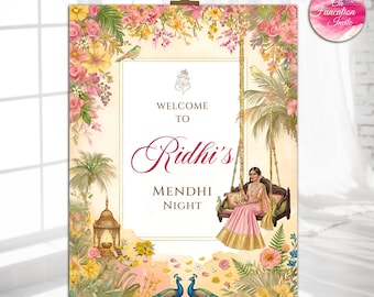 Mehndi Night Welcome Sign Template, Indian Wedding Signage, Floral Haldi Mehendi Board