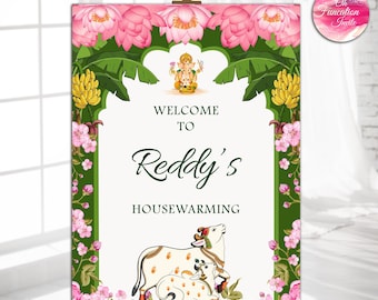 Griha Pravesh Welcome Sign, Indian Housewarming Poster, Gruhapravesam Digital Download, Editable Pooja Ceremony , Hindu Housewarming Board