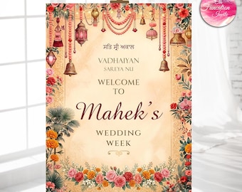 Punjabi Wedding Welcome Sign, Floral Wedding Welcome Board, Indian Wedding Decor