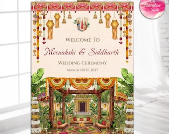 South Indian Wedding Welcome Sign Printable, Hindu Temple Mandap Decor, Traditional Wedding Welcome Board Digital, wedding welcome sign