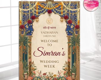 Punjabi Wedding Welcome Sign, Vadhaiyan Sareya Nu Board, Sikh Wedding Decor | Royal Peacock Wedding Week Sign, wedding week sign anand karaj