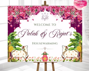 Cartello di benvenuto per l'inaugurazione della casa indiana Gruha Pravesham Cartello di benvenuto per l'inaugurazione della casa Decorazione dell'ingresso Vaastu Poojan Download digitale