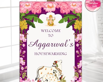 Griha Pravesh Welcome Sign, Indian Housewarming Poster Gruhapravesam Digital Printable, Editable New Home Puja Sign Hindu Housewarming Decor