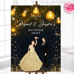 Puede incluir: Un letrero de recepción de bodas con el texto "Welcome to Roopal & Deepika's Reception Night". Muestra a una pareja bailando sobre un fondo azul oscuro y dorado con linternas y estrellas colgantes.