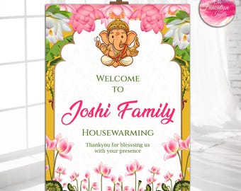 Ganesh Welcome Sign,Hindu Housewarming Decor,Personalized Family Name Poster,Indian Housewarmin Ceremony Decoration,Lotus Floral Entry Board