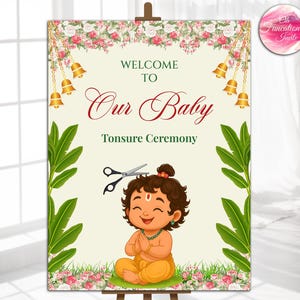 Könnte beinhalten: Ein Willkommensschild für die Tonsurzeremonie eines Babys. Das Schild zeigt eine Cartoon-Illustration eines Babys mit einer Schere über dem Kopf. Das Schild hat Blumen- und Glockendekorationen mit den Worten "Welcome to Our Baby Tonsure Ceremony".
