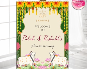 Housewarming Welcome Sign Template,Indian Griha Pravesh Decor,Editable Digital Welcome Board,Hindu Traditional Digital Hindu Pooja Template