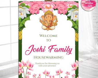 Cartello di benvenuto Gruhapravesham, Cartello modificabile per l'inaugurazione della casa della famiglia indiana, Cartello Griha Pravesh modificabile, Cartello Shanti Pravesh, Vastu Welcome