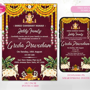 Grihapravesh nodigt Gruhapravesham-uitnodiging uit, Indiase housewarming-uitnodiging als Indiase Pooja-uitnodiging, Gruhapravesam nodigt Puja-uitnodiging uit