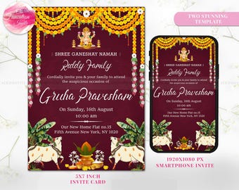 Puja invitation as Grihapravesh invite Gruhapravesham invitation, Indian Housewarming invitation, Indian Pooja invite, Gruhapravesam invite